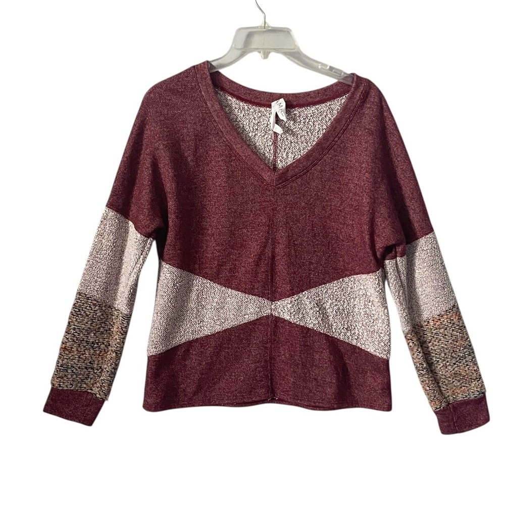 Amandi Women's V Neck Long Sleeve Patchwork Sweater Knit Boho‎ Size Small